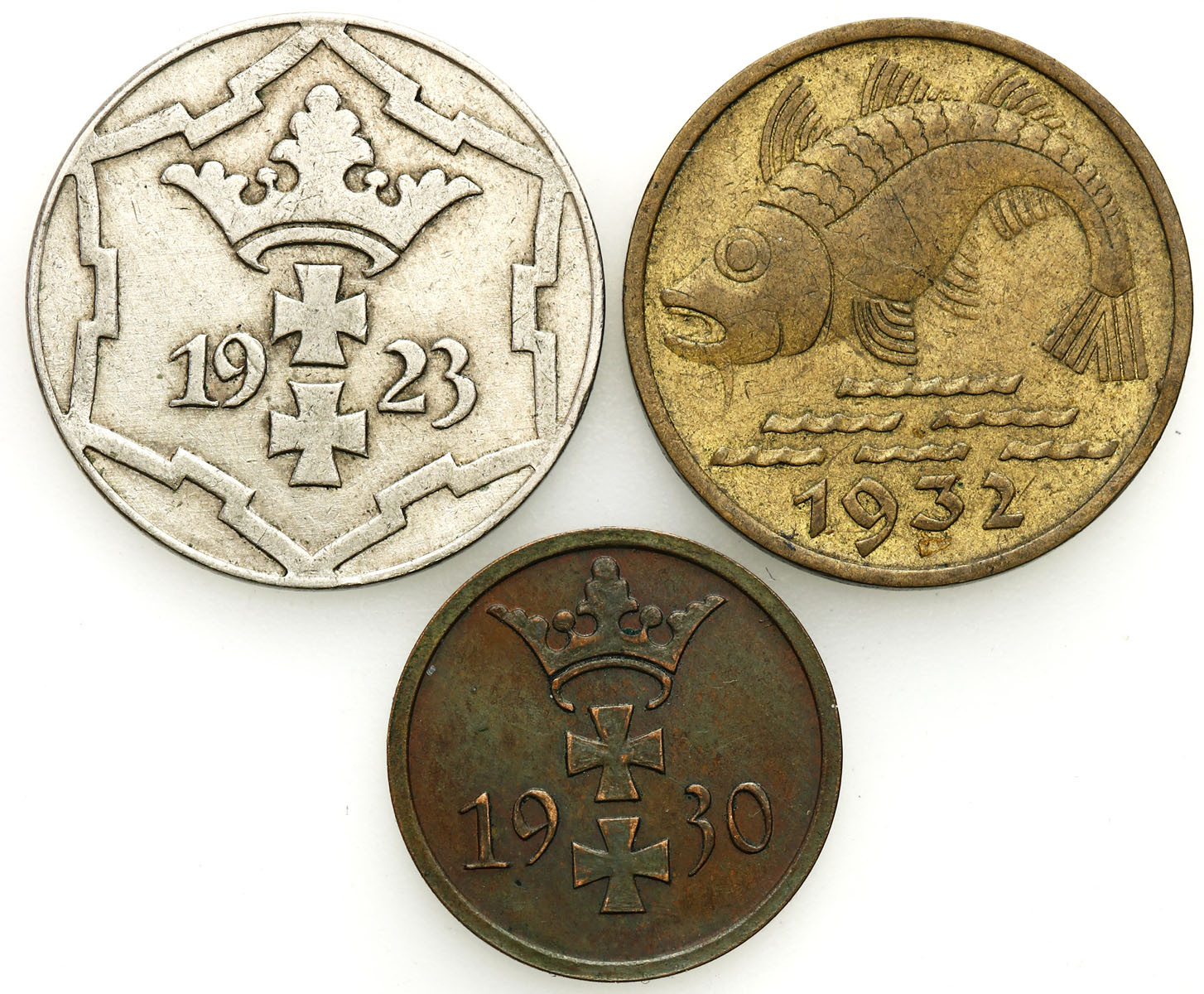 Wolne Miasto Gdańsk/Danzig. 1 fenig 1930, 10 fenigów 1923, 1932, zestaw 3 monet